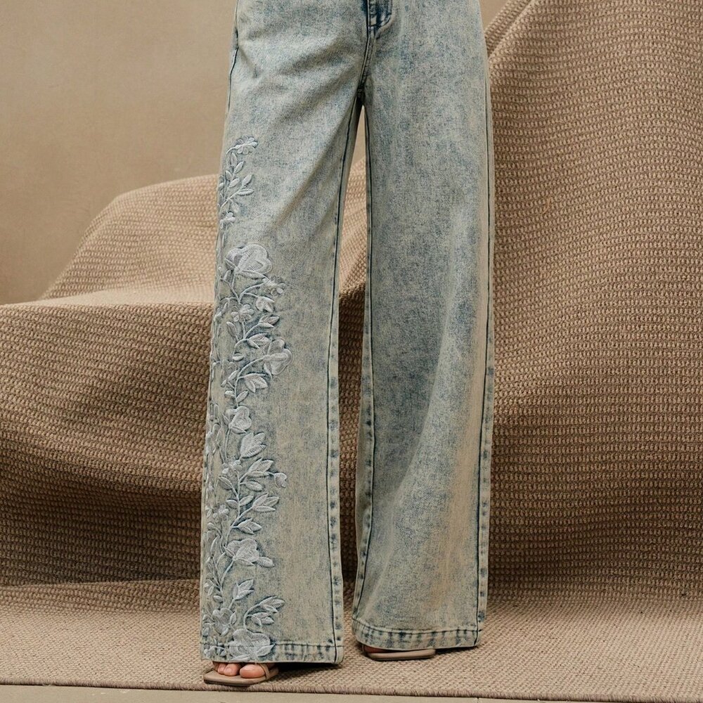 Teal Blue Elegant Women's Floral Trousers - Picture 3 of 6